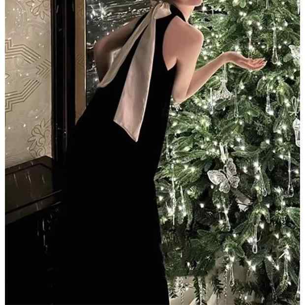 ワンピース レディース 女性用 フレンチテイスト ヘプバーンスタイル ブラック ホルターネック マキシ丈 Aライン ハイウエスト ポリエステル 春夏 高級感 上品 エレガント きれいめ フォーマル ドレス