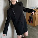 ワンピース レディース 春秋 韓国風 ブラック スタンドカラー 高級感 長袖 ポリエステル ミディ丈 Aライン 無地 カジュアルスタイル