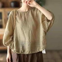 Tシャツ レディース 無地 シンプル 七分袖 綿麻 コットンリネン 春夏 着回し 万能 おしゃれ エレガント 体型カバー 若見え ラウンドネック 丸首 通勤 普段使い ゆったり レギュラー丈|詳細画像