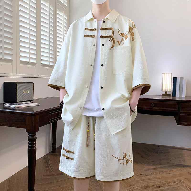 セットアップ メンズ 半袖シャツ ショートパンツ 中国風柄 プリント 薄手 夏 ポリエステル混紡 スポー..