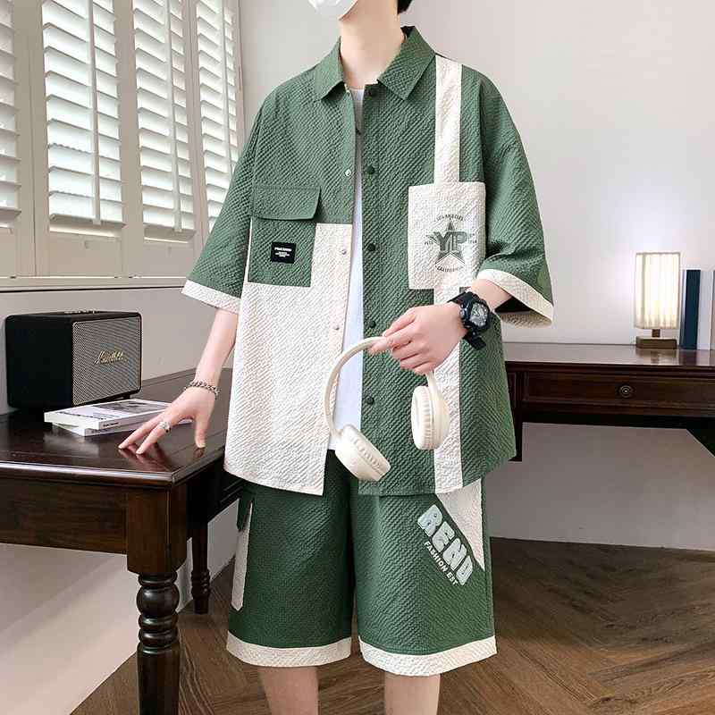 男性用 セットアップ カジュアル 半袖 シャツ ショートパンツ 上下セット 接触冷感 吸湿速乾 ポリエス..