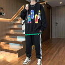 セットアップ メンズ 男の子 ボーイズ ジュニア 学生 クルーネック スウェット トレーナー 長袖 ロングパンツ 上下セット スポーツ カジュアル 普段使い 通学 ルームウェア 綿混 コットンブレンド 春秋 韓国ファッション