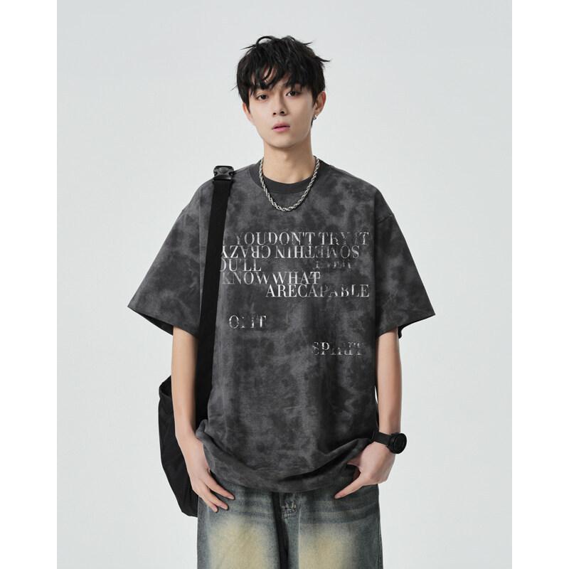 Tシャツ メンズ 半袖 タイダイ アルファベットプリント ビッグシルエット ルーズ ゆったり 厚手 ヘビーウェイト コットン 綿 ストリート カジュアル 普段使い 春夏 トップス 男性用 グレー ホワイト ブラック