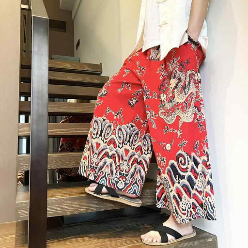 カジュアルパンツ メンズ 中国風 民族風 ドラゴン柄 レトロ ワイドパンツ ゆったり ストレートシルエット 大きいサイズ 綿 コットン レッド ネイビー 普段使い カジュアルパンツ メンズ 中国風 民族風 ドラゴン柄 レトロ ワイドパンツ ゆったり ストレートシルエット 大きいサイズ 綿 コットン レッド ネイビー 普段使い