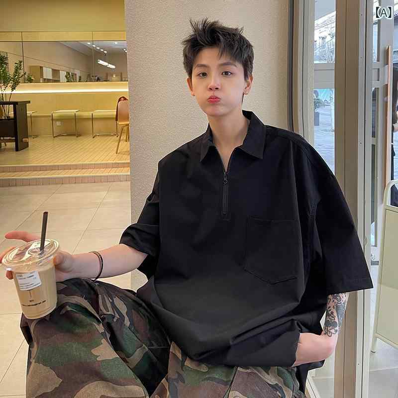 ポロシャツ メンズ アメリカンレトロ ハーフジップ 5分袖 ゆったり ルーズフィット コットン 綿 薄手 カジュアル ストリート 普段使い トップス 春夏 ブラック 黒