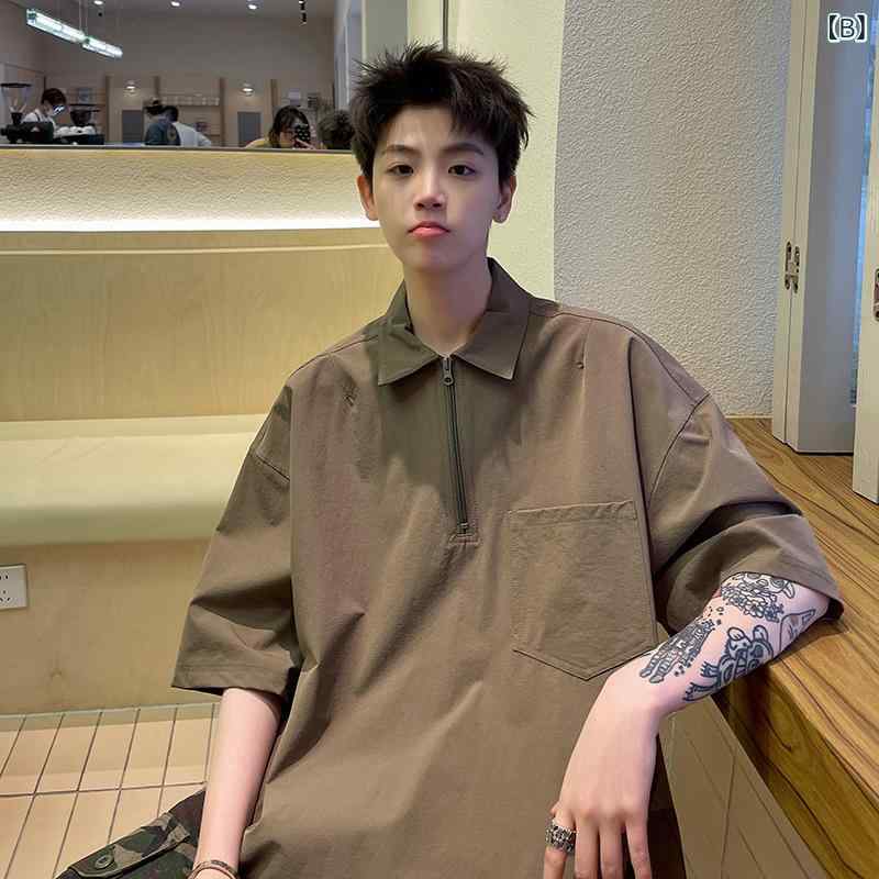 ポロシャツ メンズ アメリカンレトロ ハーフジップ 5分袖 ゆったり ルーズフィット コットン 綿 薄手 カジュアル ストリート 普段使い トップス 春夏 ブラック 黒