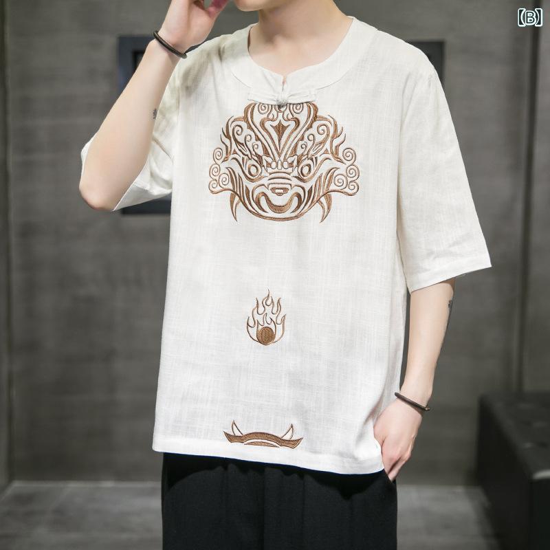 唐装 メンズ 男性用 中国風 中華風 ゆったり ルーズフィット ビッグシルエット 大きいサイズ 半袖 綿麻 コットンリネン 麻混 スラブコットン 刺繍 トップス Tシャツ 夏物
