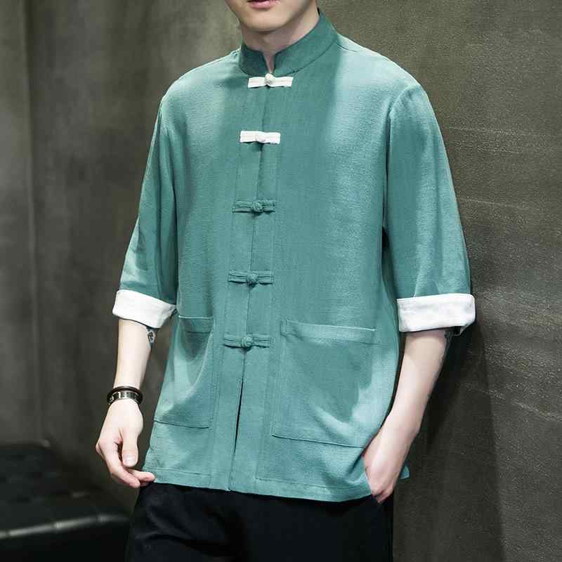 シャツ メンズ 男性用 麻 リネン 綿混 通気性 スタンドカラー 立ち襟 七分袖 薄手 ゆったり ルーズフィット 中国風 唐装 漢服 配色切り替え 春夏(4)