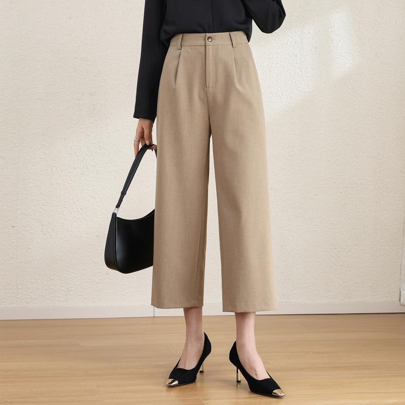 スラックス レディース ハイウエスト 細見え 小柄 ストレート 9分丈 カジュアル オフィス 通勤 秋冬 ポリエステル ウール オートミール グレー ブラック