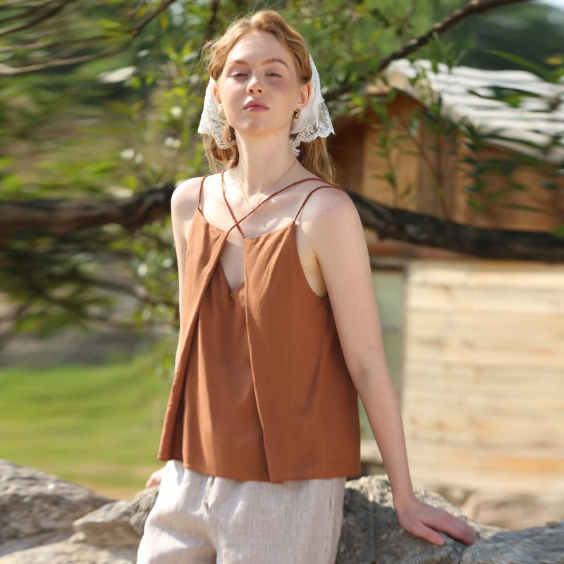 タンクトップ レディース フレンチスタイル 個性的デザイン 綿麻 ダブルストラップ ショート丈 ノース..