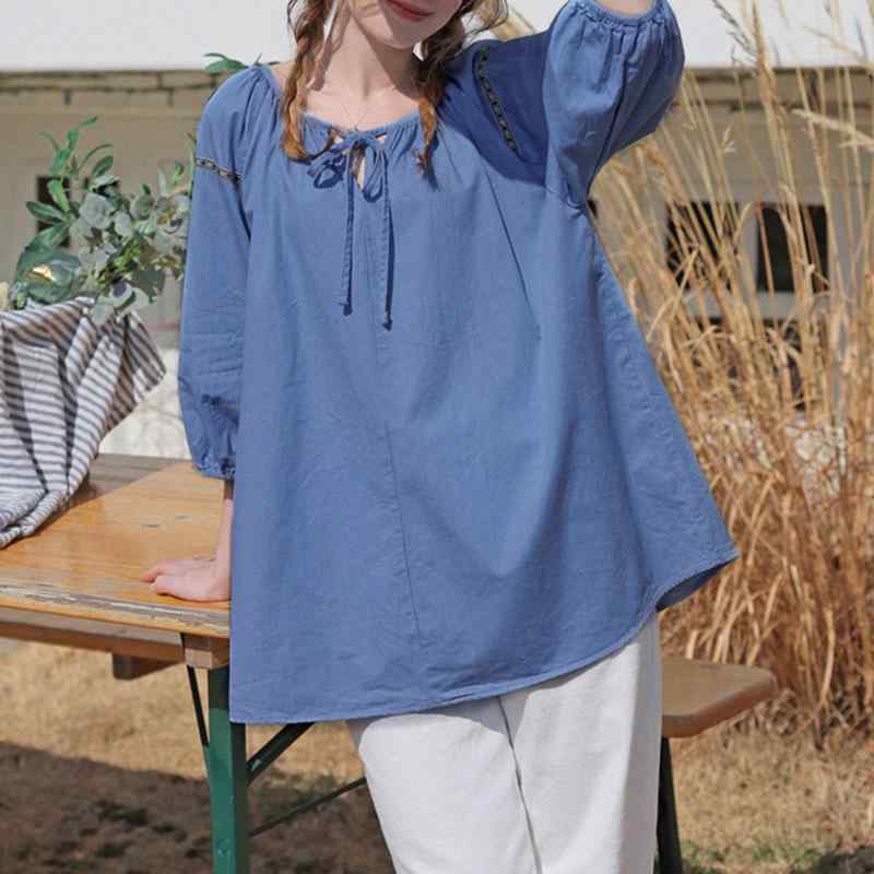 チュニック レディース 綿麻 リネン混 5分袖 パフスリーブ 丸首 ラウンドネック ギャザー リボン ゆったり オーバーサイズ 体型カバー ナチュラル カジュアル ブラウス トップス 春夏 ライトブルー ダークブルー 青系のサムネイル