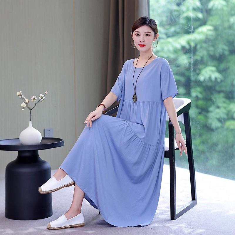 ワンピース レディース 大きいサイズ ママ ミセス 夏 サマー 綿混 再生繊維 ポリエステル ロング丈 Aライン ゆったり 半袖 体型カバー 細見え 上品 エレガント 無地 クルーネック 通勤 オフィス きれいめ シワ加工