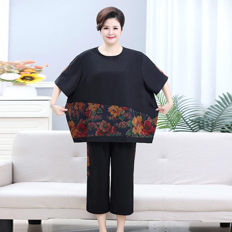 セットアップ レディース ミセス 春夏 上品 フェイクシルク 光沢 半袖 トップス 花柄 9分丈パンツ 2点セット 大きいサイズ ゆったり 体型カバー 薄手 ポリエステル