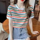 Tシャツ レディース かわいい レトロ感 レインボー配色 ボーダー柄 ゆったり ビッグシルエット 半袖 再生繊維 ポリエステル クルーネック 春夏 普段使い カジュアル リラックス トップス ブルー オレンジ