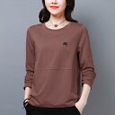 Tシャツ レディース 大きいサイズ 韓国風 秋物 長袖 ゆったり 着痩せ 体型カバー お腹隠し クルーネック 刺繍 再生繊維 ポリエステル トップス カジュアル 普段使い