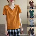 Tシャツ レディース 半袖 Vネック ルーズフィット カジュアル トップス 再生繊維 ポリエステル素材 ワッペン パッチ デザイン ゆったり 快適 春夏