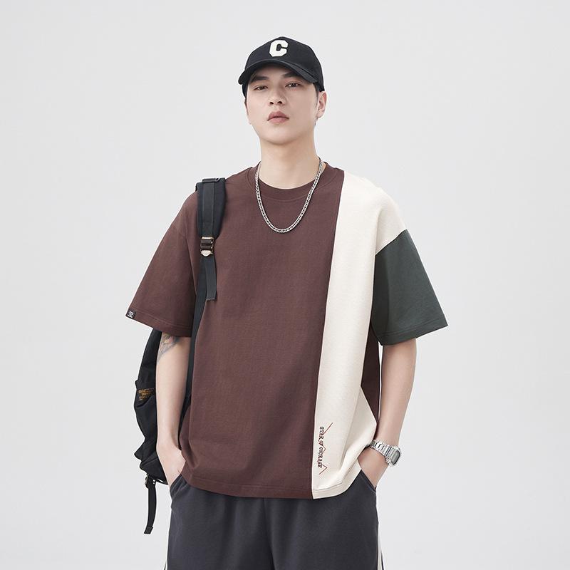 Tシャツ メンズ 半袖 切り替え ヘビーウェイト ゆったり オーバーサイズ 綿混紡 クルーネック カジュア..