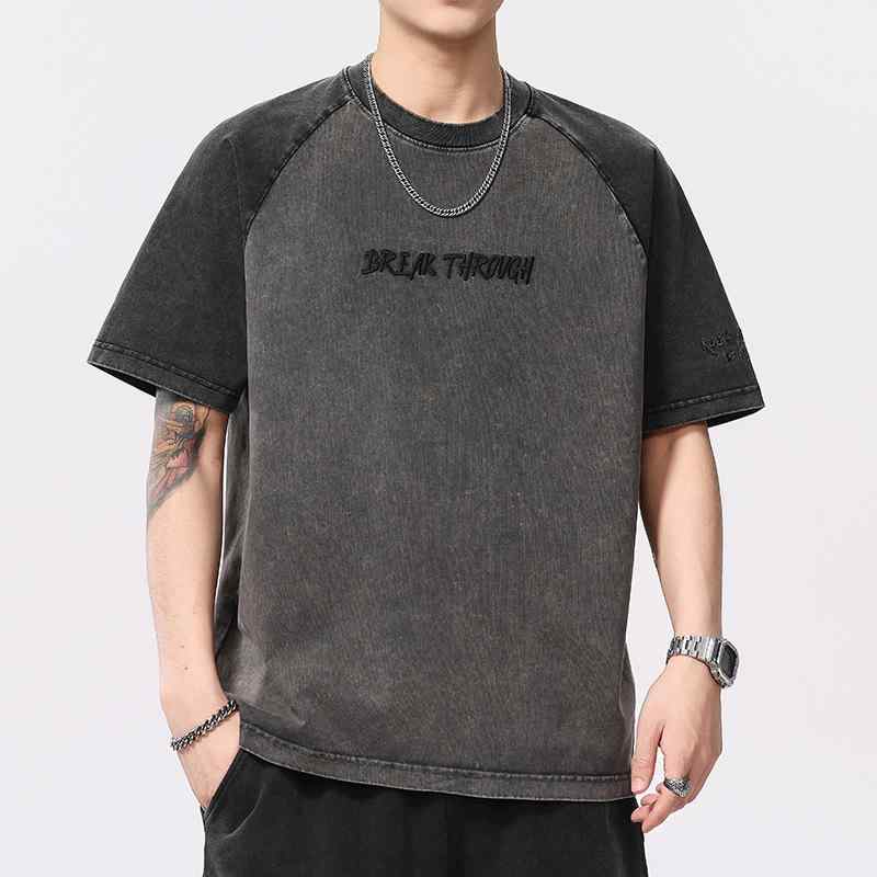 Shirts, T-Shirts - Tシャツ メンズ 半袖 クルーネック ドロップショルダー オーバーサイズ 綿 ヘビーウェイト ウォッシュ加工 バイカラー 切り替え 刺繍 吸湿速乾 アメリカンカジュアル 夏 チャコールグレー