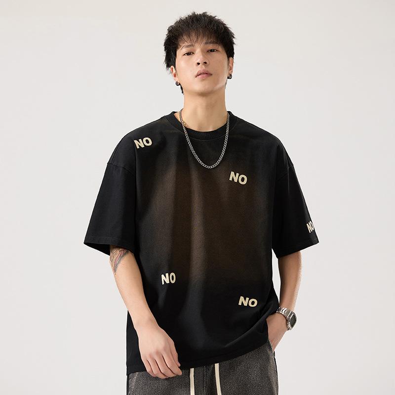 Tシャツ メンズ 夏 レトロ ヴィンテージ風 ウォッシュ加工 ヘビーウェイト 厚手 綿 クルーネック オーバーサイズ 半袖 五分袖 レタープリント カジュアル 普段使い