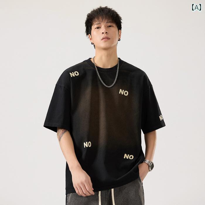 Tシャツ メンズ 夏 レトロ ヴィンテージ風 ウォッシュ加工 ヘビーウェイト 厚手 綿 クルーネック オーバーサイズ 半袖 五分袖 レタープリント カジュアル 普段使い