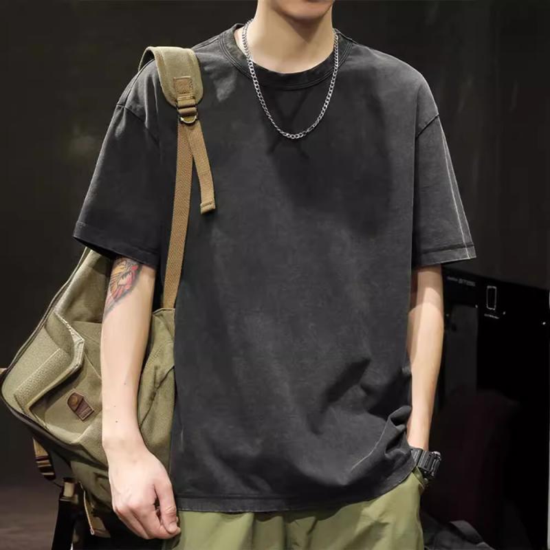 Rakuten - Tシャツ メンズ アメリカンヴィンテージ風 レトロ 上質 ヘビーウェイト ウォッシュ加工 コットン ゆったり ルーズフィット クルーネック 半袖 ドロップショルダー カジュアル 無地 サマー