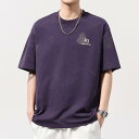 Tシャツ メンズ 夏 ゆったり アルファベット刺繍 クルーネック 半袖 カジュアル 綿 吸湿速乾 ベーシック 普段使い グレープパープル ブラック