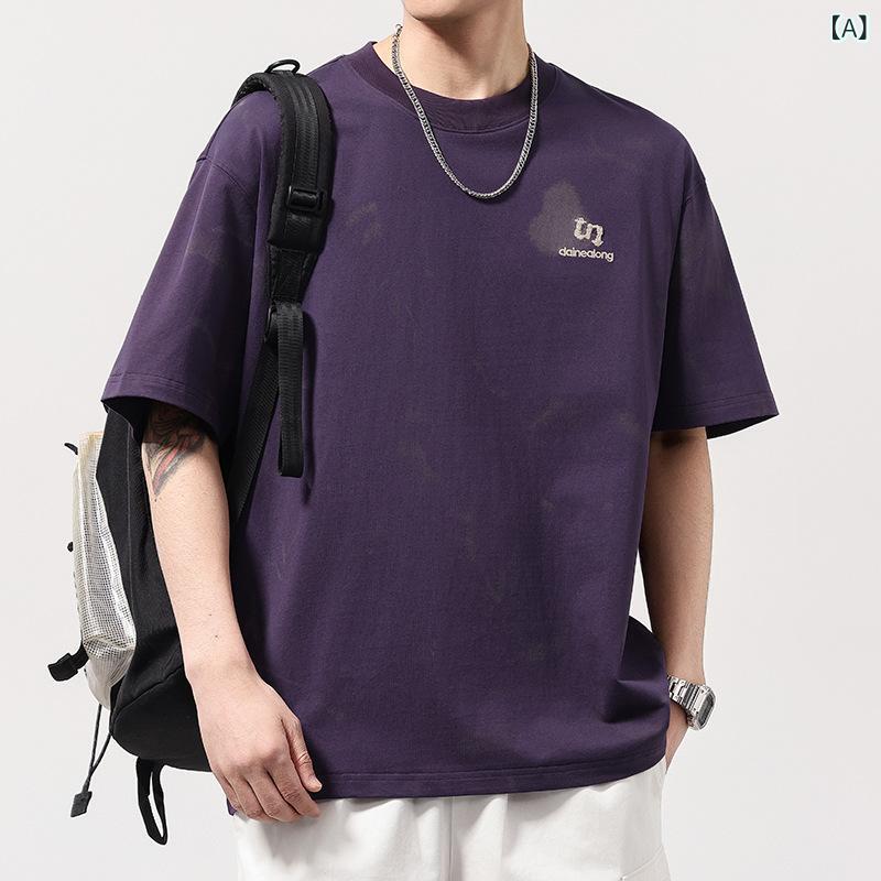 Tシャツ メンズ 夏 ゆったり アルファベット刺繍 クルーネック 半袖 カジュアル 綿 吸湿速乾 ベーシック 普段使い グレープパープル ブラック