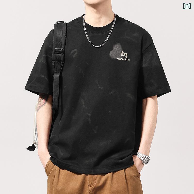 Tシャツ メンズ 夏 ゆったり アルファベット刺繍 クルーネック 半袖 カジュアル 綿 吸湿速乾 ベーシック 普段使い グレープパープル ブラック