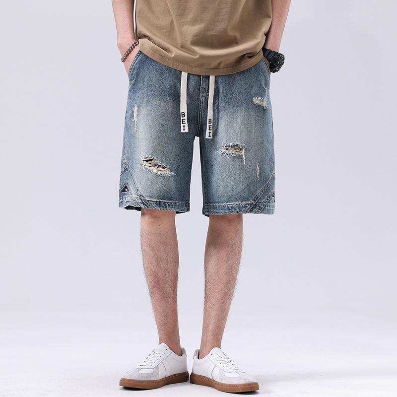 Cotton Pants - ショートパンツ メンズ デニム ハーフ丈 ルーズフィット ダメージ加工 ウォッシュ加工 コットン 春夏 カジュアル ストリート アメカジ ブルー レトロ