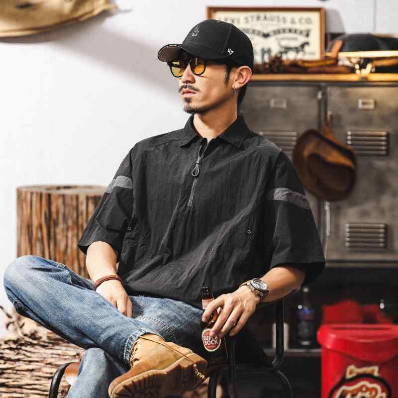 ポロシャツ メンズ アメリカンレトロ ハーフジップ 半袖 春夏 薄手 ストレッチ アウトドア 機能性 速乾 ゆったり 無地 ナイロン 普段使い カジュアル ブラック 耐摩耗性