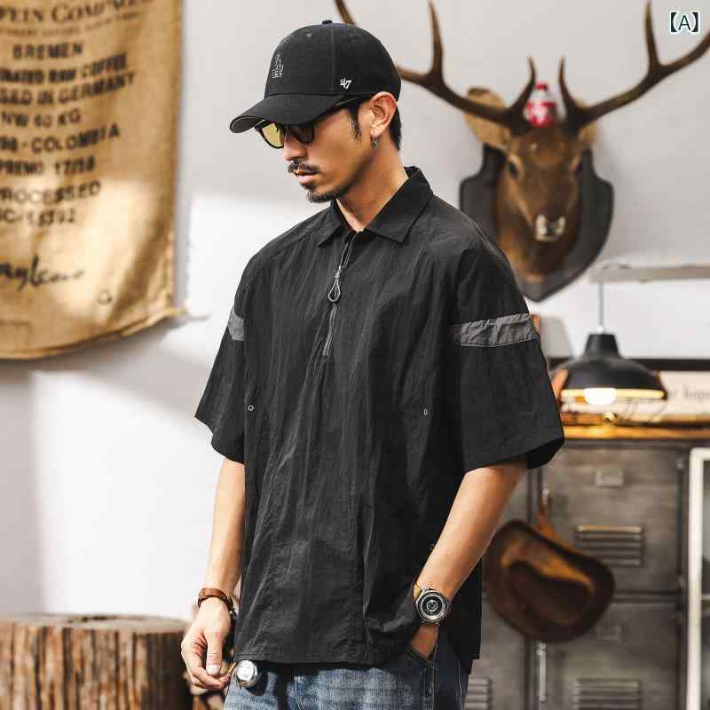 ポロシャツ メンズ アメリカンレトロ ハーフジップ 半袖 春夏 薄手 ストレッチ アウトドア 機能性 速乾 ゆったり 無地 ナイロン 普段使い カジュアル ブラック 耐摩耗性