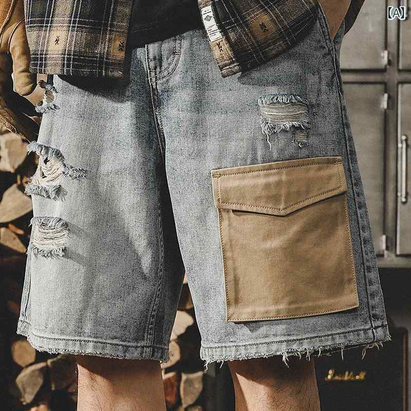 Short, Half Pants - デニムハーフパンツ メンズ 夏 ゆったり 大きいサイズ アメリカンヴィンテージ風 ダメージ加工 ワークテイスト ストレート コットン 薄手 レトロブルー