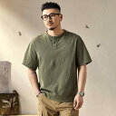 Tシャツ メンズ ヘンリーネック 半袖 コットン ヘビーウェイト 無地 ビッグシルエット ドロップショルダー 通気性 イージーケア カジュアル アメリカンヴィンテージ風 サマー