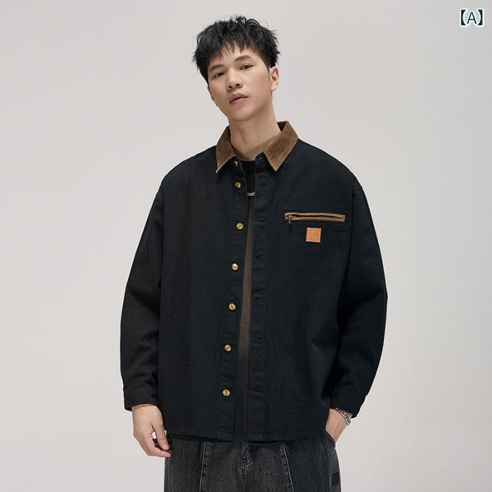 シャツ メンズ 男性用 アメリカンヴィンテージ風 ワークジャケット 高級感 ハンティング風 配色切り替え 襟付き レギュラーカラー ビッグシルエット ゆったり 春秋 カジュアル アメカジ アウター コットンブレンド