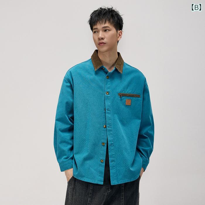 シャツ メンズ 男性用 アメリカンヴィンテージ風 ワークジャケット 高級感 ハンティング風 配色切り替え 襟付き レギュラーカラー ビッグシルエット ゆったり 春秋 カジュアル アメカジ アウター コットンブレンド