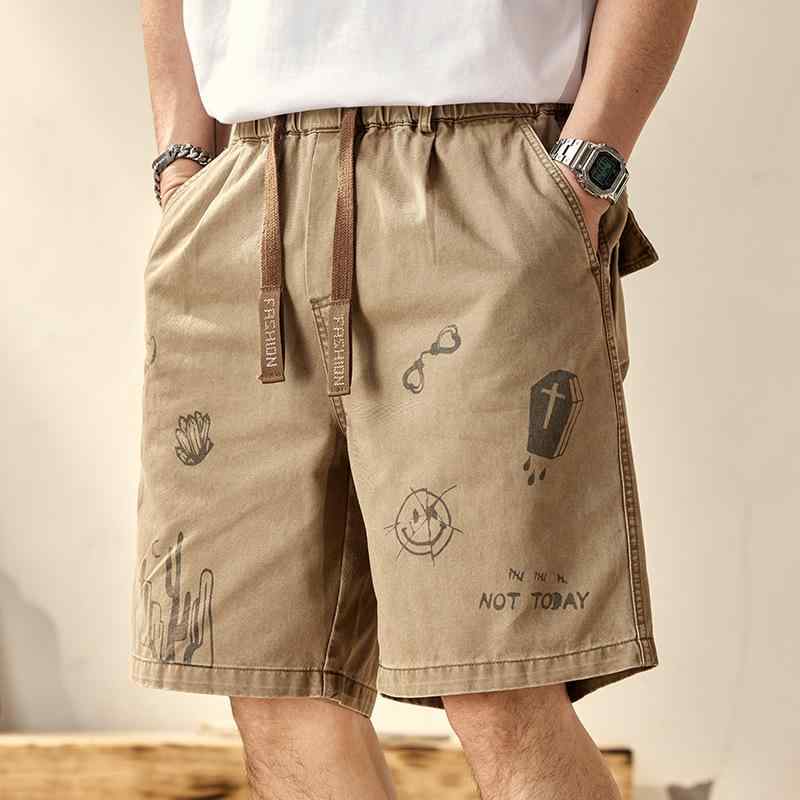 Work Shorts - ハーフパンツ メンズ 高級感 レトロ グラフィティ カジュアル 厚手 ウォッシュ加工 綿 ゆったり ワークパンツ カーゴパンツ 5分丈 春夏 デイリーユース カーキ グリーン グレー