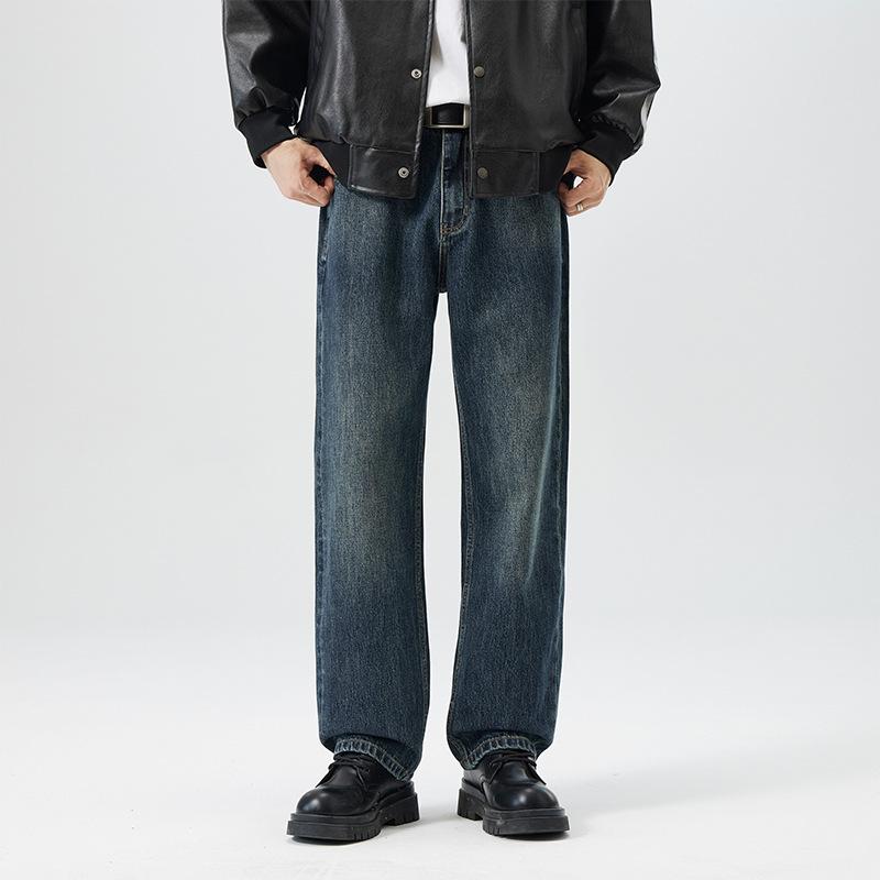 デニムパンツ メンズ 秋冬 ストレート ゆったり ルーズフィット ウォッシュ加工 ロング丈 カジュアル トレンド 普段使い 綿 再生繊維 ブルー
