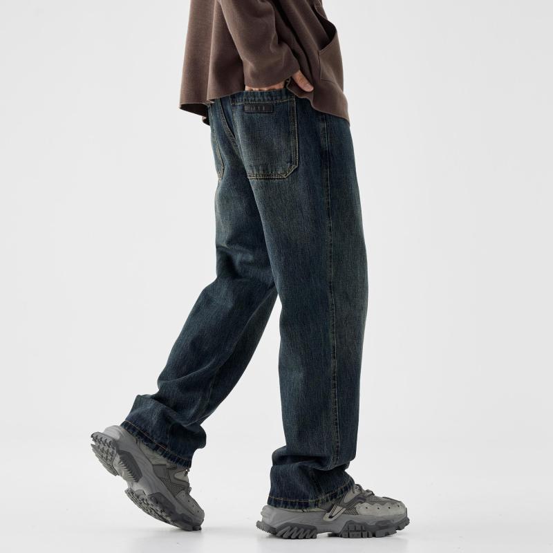 デニムパンツ メンズ 男性用 ルーズフィット ストレート ウォッシュ加工 アメリカンヴィンテージ風 アメカジ 普段使い コットン ロング丈 ダークブルー 秋冬