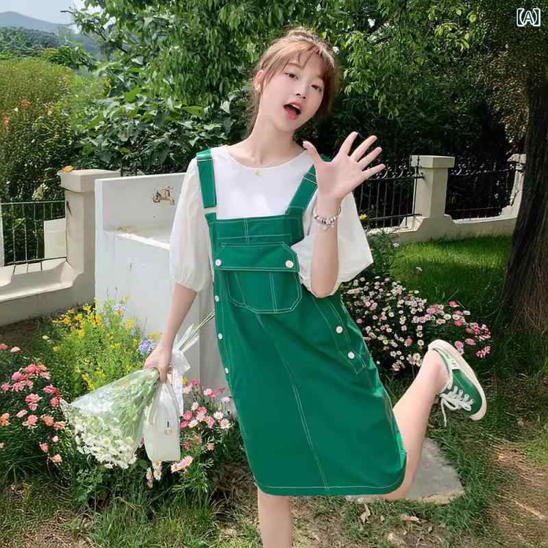 ワンピース レディース ジャンパースカート セットアップ 低身長向け 春夏 ポリエステル ミディ丈 ノースリーブ カジュアル きれいめ 通勤 オフィス グリーン レッド