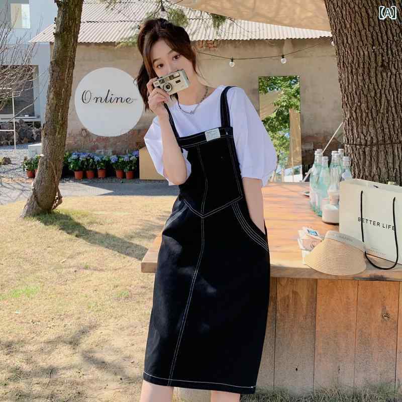 ワンピース レディース デニム調 ジャンパースカート ミディ丈 Aライン ゆったり ノースリーブ ポケット付き 体型カバー 着痩せ効果 おしゃれ 着回し 個性派デザイン カジュアル ブラック ポリエステル