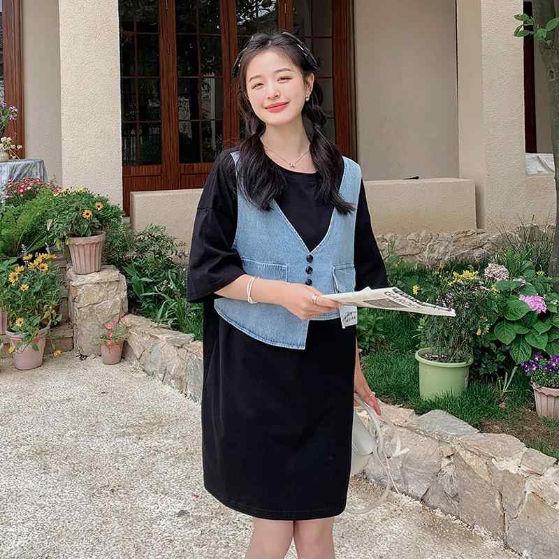 Tシャツワンピース レディース フェイクツーピース デニム 切り替え バイカラー ベスト風 ゆったり ラウンドネック 半袖 ミニ丈 ブラック 春夏 ポリエステル カジュアル 韓国風 普段使い