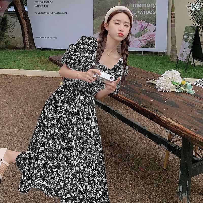 ワンピース レディース スクエアネック パフスリーブ 半袖 スタイルアップ ウエストマーク ロング丈 小花柄 シフォン ポリエステル 上品 フェミニン ナチュラル 春夏