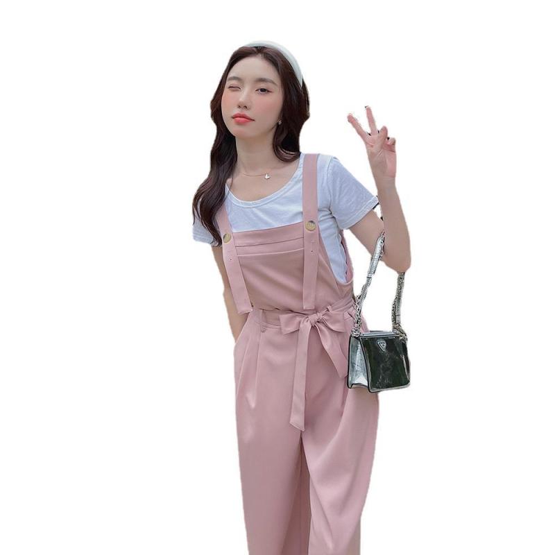 サロペット レディース ミルク系 ピンク ハイウエスト ウエストマーク 着痩せ効果 スタイルアップ 小柄 ゆったり カジュアル アンクル丈 ポリエステル 薄手 春夏