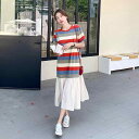 ワンピース レディース マーメイド ストライプ 切り替え デザイン フェイクレイヤード ゆったり カジュアル Tシャツ ロング丈 ポリエステル 半袖 クルーネック ハイウエスト ミドル丈 夏物 通勤スタイル オフィスカジュアル