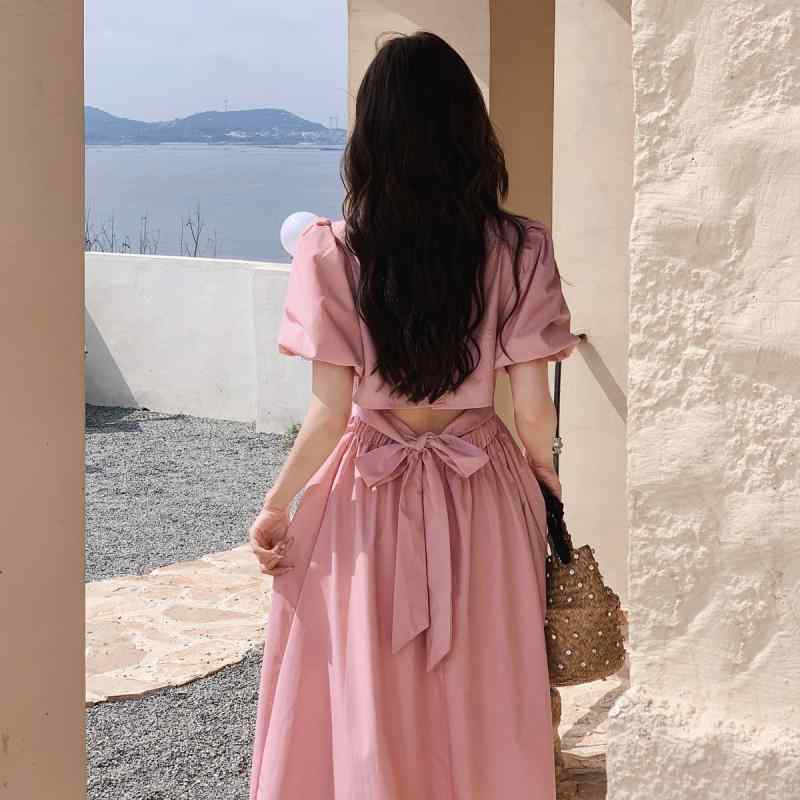 ワンピース レディース Vネック パフスリーブ ウエストマーク ハイウエスト 細見え フレンチシック ウエストカット ロング丈 フレア 大人可愛い 夏 お出かけ くすみピンク ポリエステル