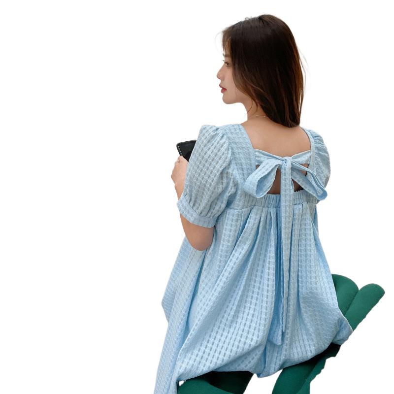 ワンピース レディース パフスリーブ ミディ丈 Aライン スクエアネック ハイウエスト 半袖 ポリエステル 韓国風 清楚 フェミニン 甘め 春夏 お出かけ デイリー ティータイム