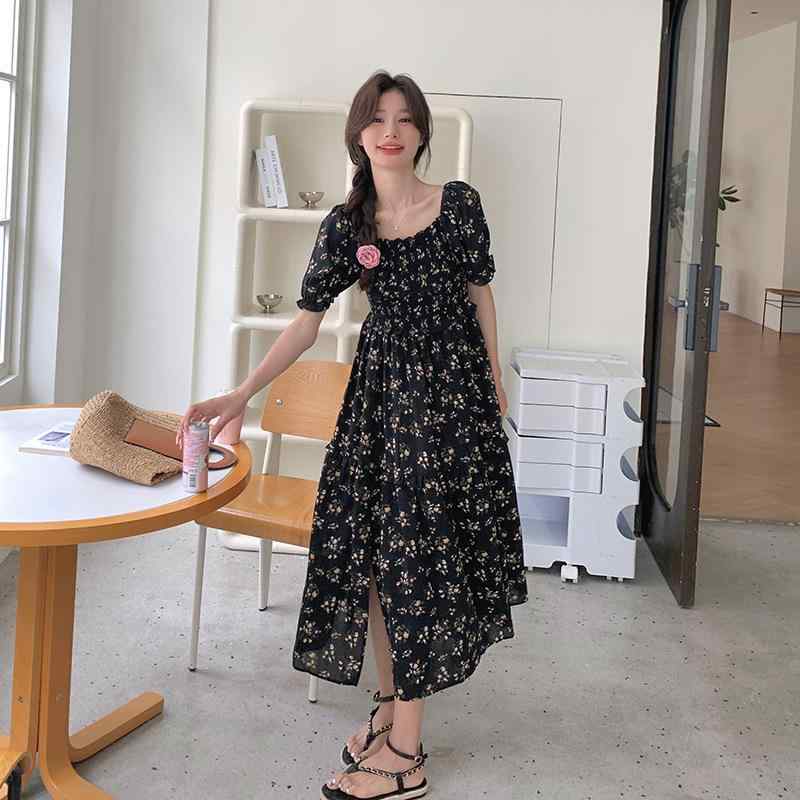 ワンピース レディース ブラック フレンチ 花柄 ロング ミモレ丈 夏 エレガント 上品 ウエストマーク スリット 体型カバー ポリエステル スクエアネック パフスリーブ