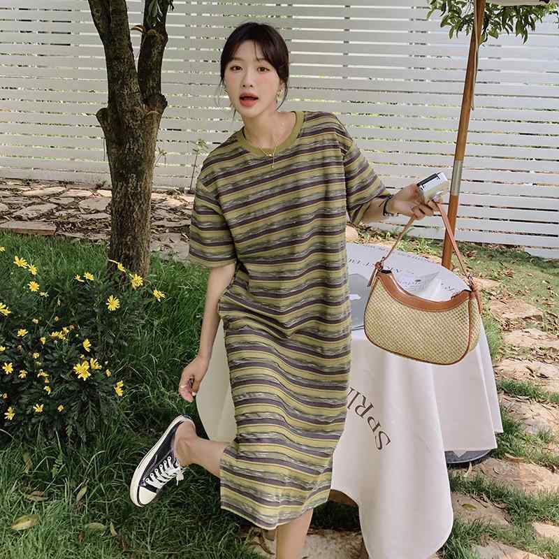 ワンピース カジュアル ストライプ クルーネック 五分袖 ゆったり Tシャツワンピース 大きいサイズ ミディ丈 韓国風 春夏 体型カバー 細見え ポリエステル 普段使い 吸湿速乾 軽量