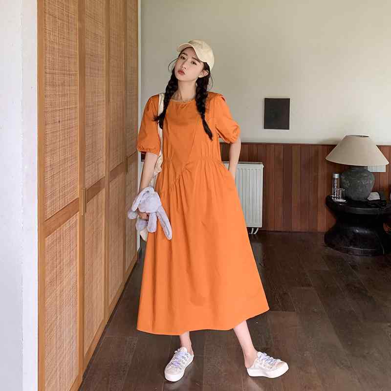 ワンピース レディース 夏 テラコッタ オレンジ 体型カバー 着痩せ 若見え カジュアル 上質感 デザイン性 フレンチシック レトロ フェミニン ミモレ丈 Aライン 半袖 丸首