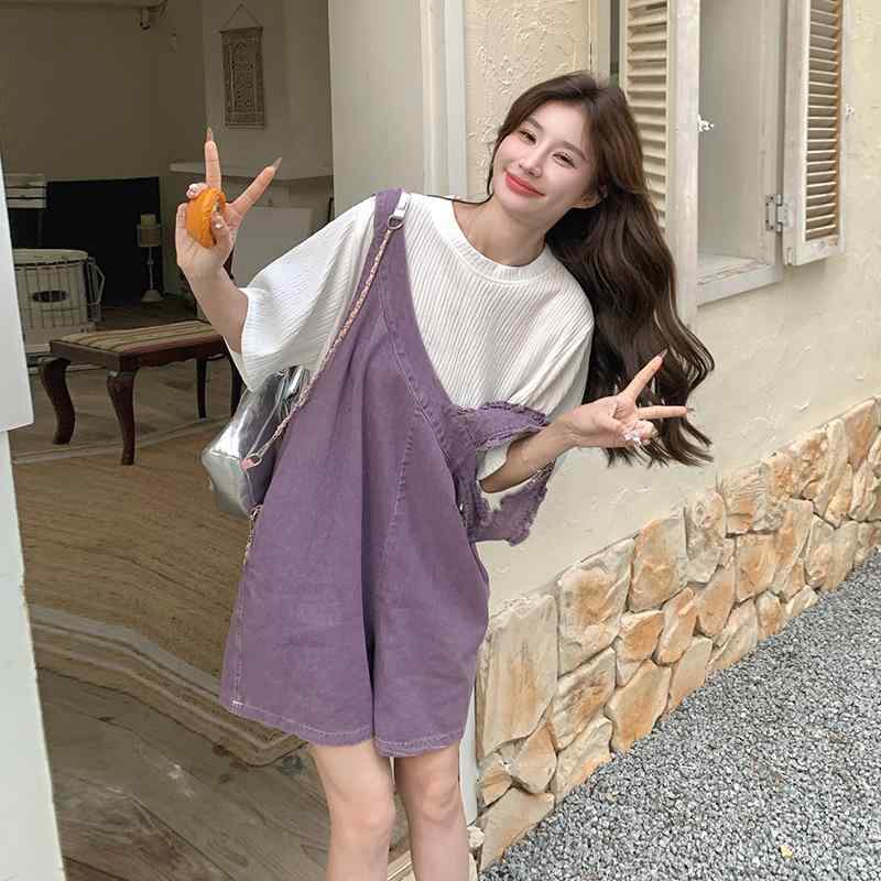 サロペット レディース パープル ショートパンツ 2点セット 五分袖Tシャツ ゆったり 学生風 低身長向け ナチュラル かわいい フェミニン 通勤 夏コーデ